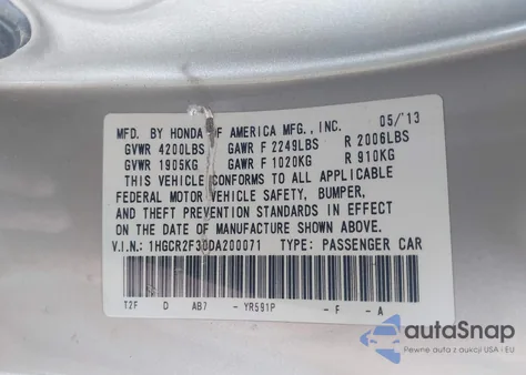2013 Honda Accord Lx from USA, damaged, VIN 1HGCR2F30DA200071